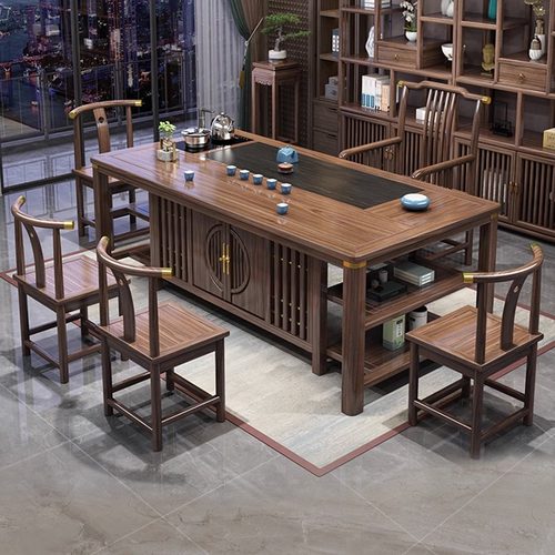 速发茶桌茶组合办公室实木茶台一体五椅新中式茶具套装一桌功夫喝