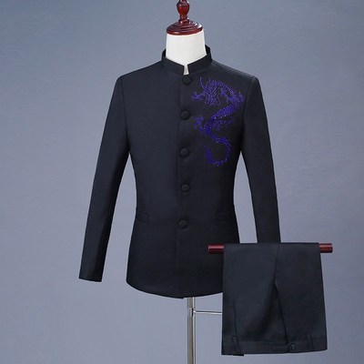 速发服款黑色中山装服装刺绣绣龙合唱演出服装中老年舞台表新演装
