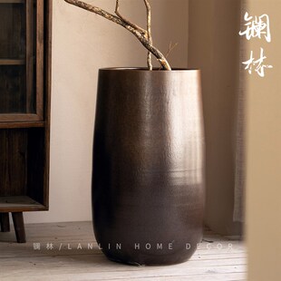 好货景德镇落地陶瓷花盆复古禅意家居客厅宽口绿植发财树摆件鎏金