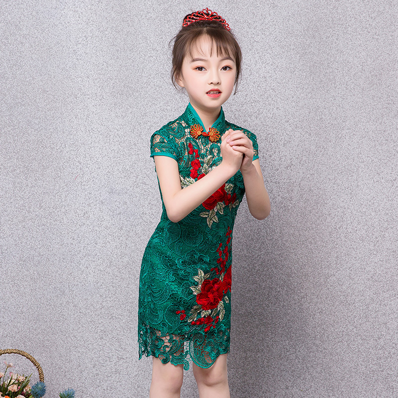 中大童女童旗袍女孩中国风夏儿童古筝演出服公主裙小孩子旗袍女