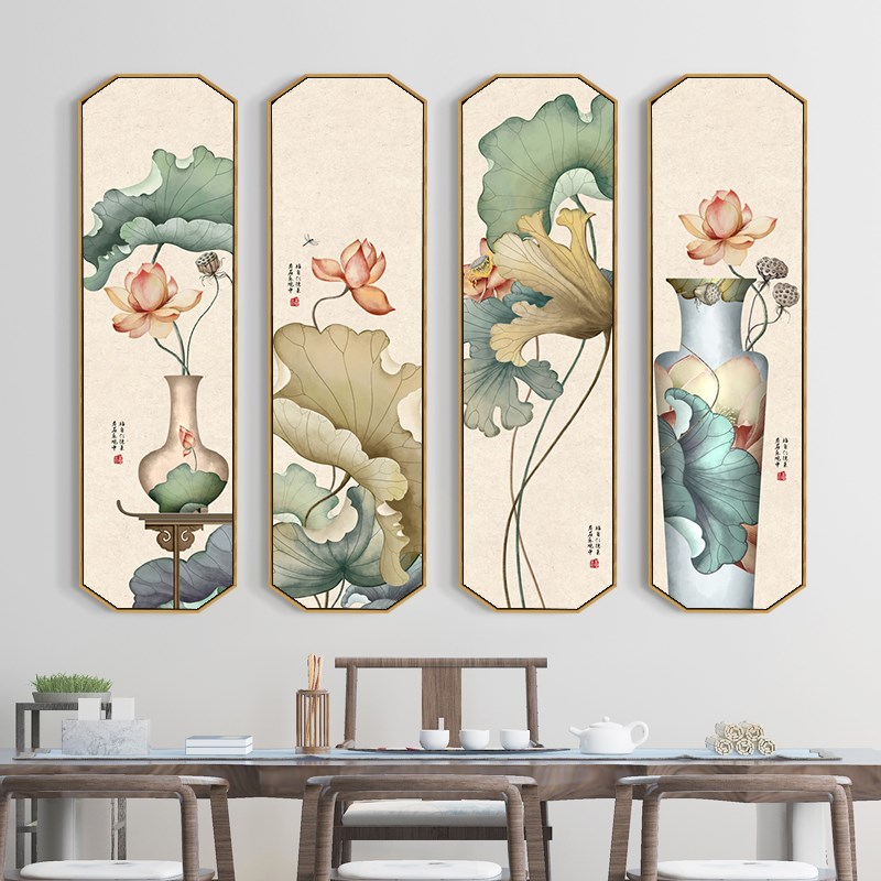 新中式禅意荷花装饰画沙发背景墙壁画中国风玄关画竖版八边形四联图片