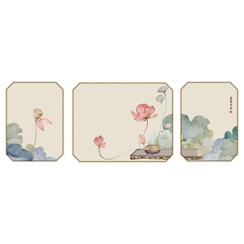 荷花新中式客厅装饰画八边形三联组合沙发背景墙禅意中国风壁挂画图片