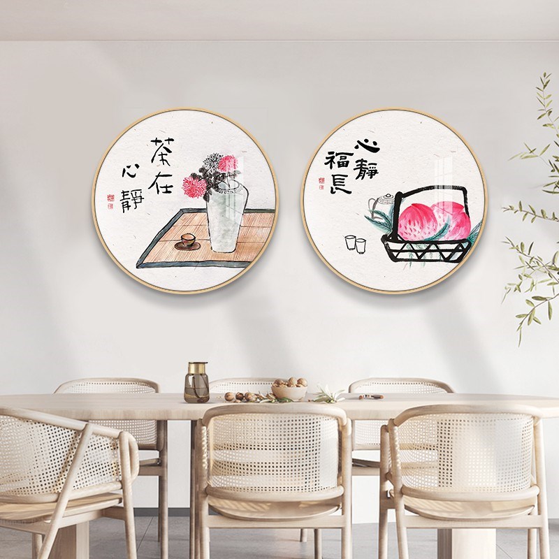 新中式禅意荷花图圆形装饰画餐厅玄关壁画客厅沙发背景墙高档挂画图片