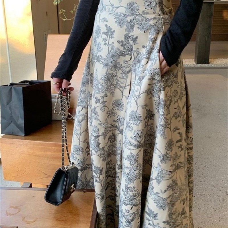 Elegant Vintage Floral Skirt Women High Waist Autumn 2023 Ne