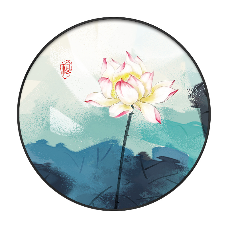 新中式进门入户壁画门厅玄关装饰画客厅沙发背景圆形挂画荷花禅意图片