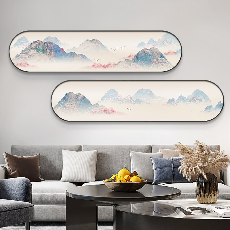 日式床头挂画沙发背景墙横版壁画新中式禅意中国风装饰画跑道形框图片