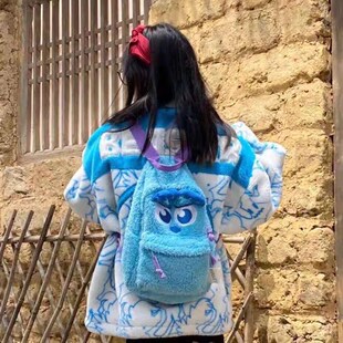 极速日单卡通少女心长毛怪苏利文三眼仔维尼花栗鼠毛绒双肩书包收