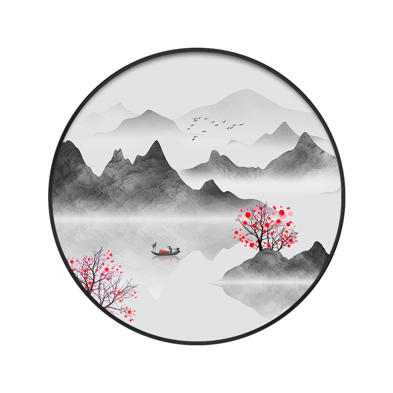 新中式玄关装饰画餐厅圆形挂画书房茶室背景墙禅意山水画客厅壁画图片