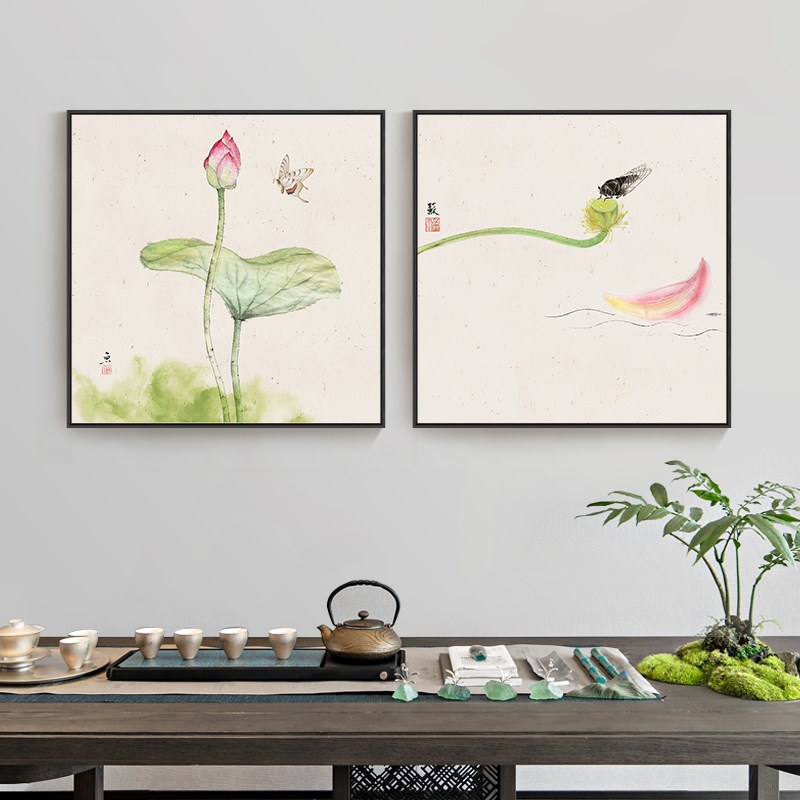 荷花装饰画正方形中式餐厅挂画客厅玄关走廊禅意茶室墙面莲花壁画图片
