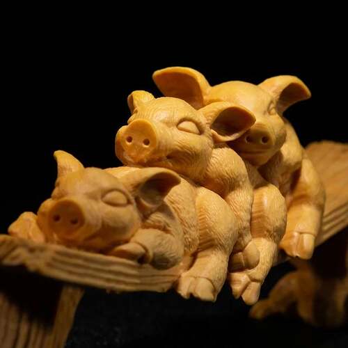 极速Boxwood 27cm Pig Sculpture Wood Animals Lucky Statue