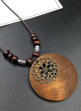 Ethnic Round Wooden Leaf Owl Long Sweater Chain Necklace Wom