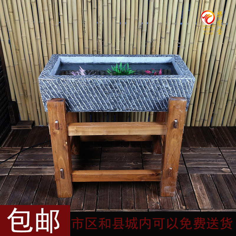 室内石槽鱼缸青石花盆洗手池木架子流水造景仿古摆件庭院养鱼石雕