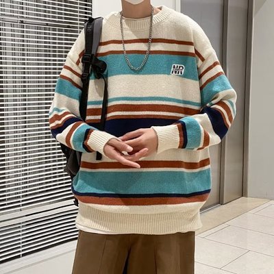 Literature and Art Mens Loose Stripe Round Neck Knitwear Me