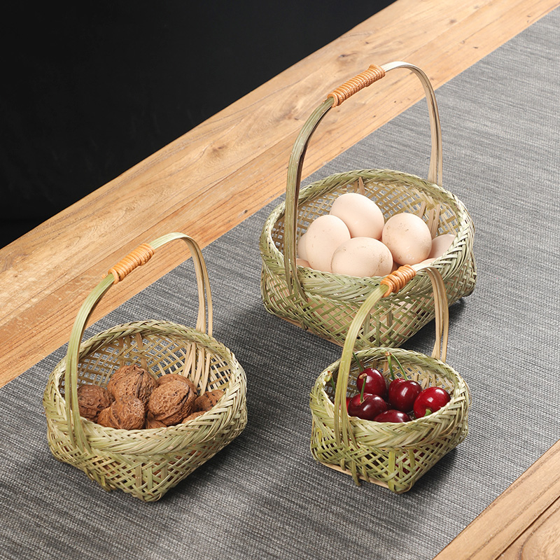 手工竹编青丝手提篮采摘竹篮子家用水果篮零食收纳筐鸡蛋筐竹制品