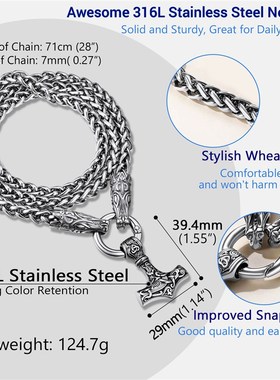 PROSTEEL Thors Hammer Charm Mjolnir Wolf Chain Cool Necklace