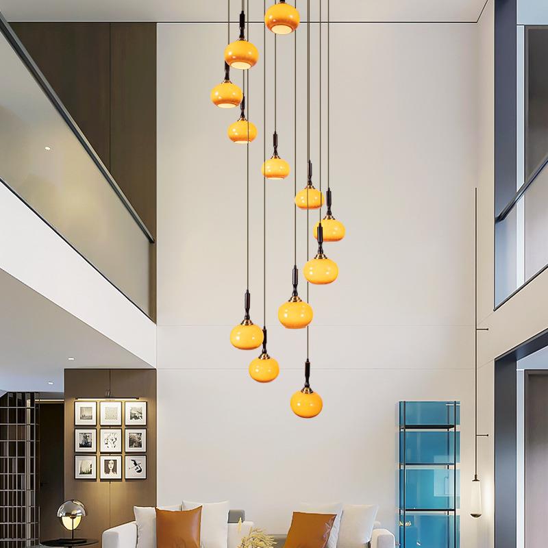 日式中古风复古实木楼梯长吊灯复式楼民宿别墅客厅挑空旋转loft灯