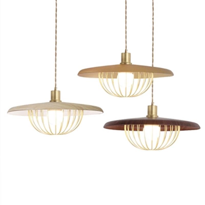 北欧轻奢胡桃木纹金属铁艺飞碟吊灯创意书房吧台咖啡厅设计师灯饰