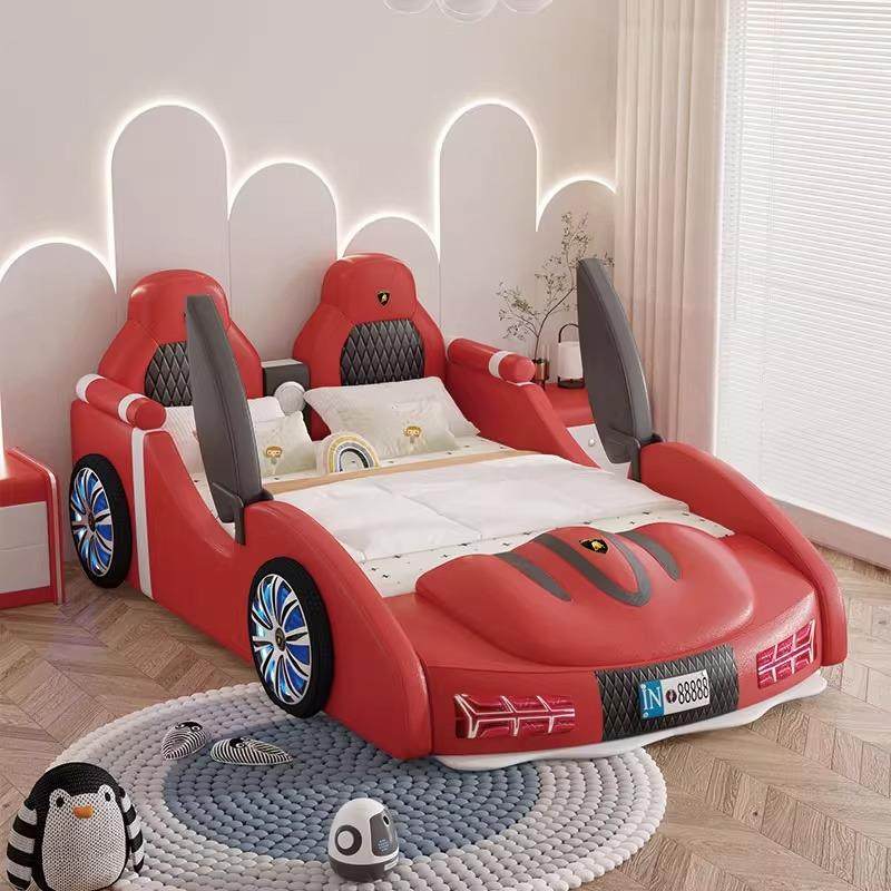 儿童床男孩汽车床多功能男童红色跑车护栏皮床带储物卧室