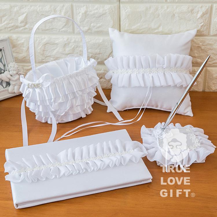 西式婚庆用品结婚道具白色戒枕签到本4件套节日礼品礼物
