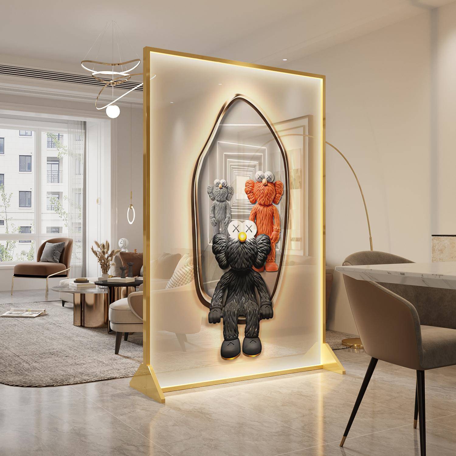 轻奢潮玩kaws简约现代屏风隔断客厅入户玄关遮挡卧室移动金属带灯