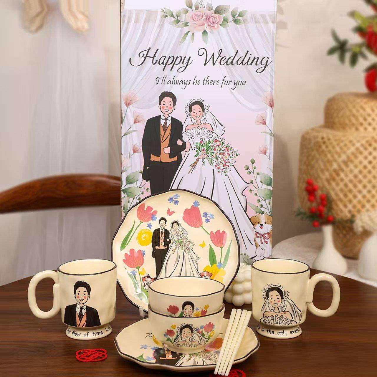 结婚新人礼物复古杯子水杯高级家用陶瓷马克杯新娘伴手礼杯子套装
