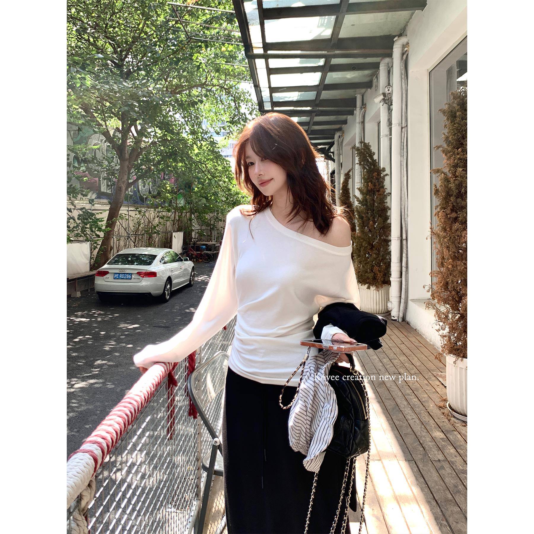 孔一粒 褶皱两穿T恤/可正肩可斜肩长袖防嗮上衣女早秋打底衫上衣