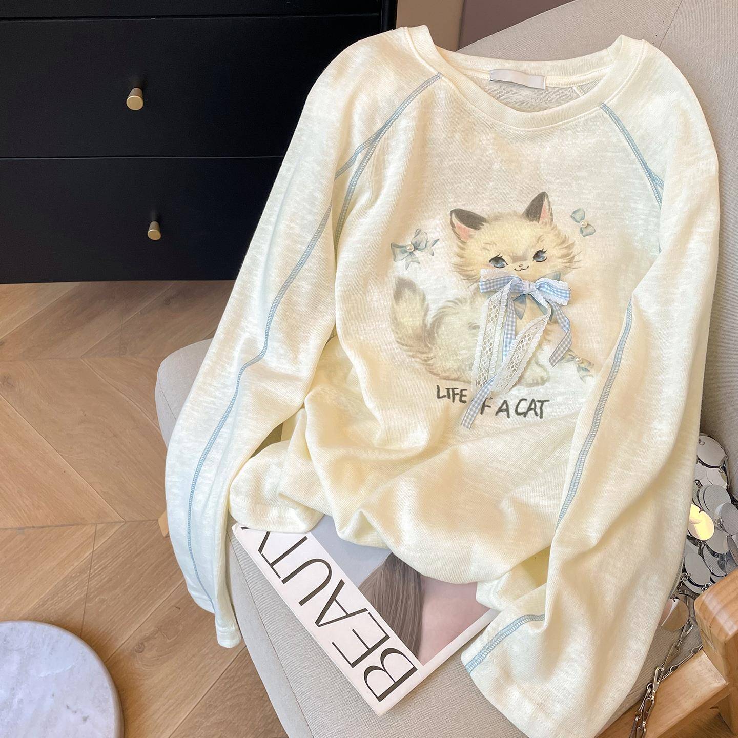 小C家 小猫印花长袖T恤女2025新款早秋防晒罩衫蝴蝶结设计感上衣