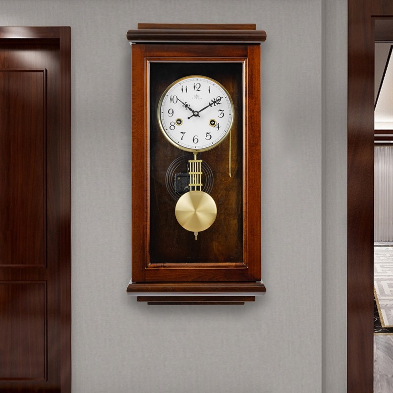 铜机芯机械挂钟中式实木发条钟表客厅复古L家用机械钟老式报时挂