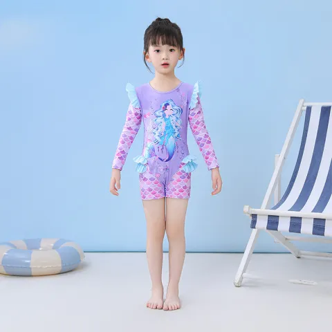 中大童2024平角防嗮长袖泳衣游泳衣荷叶边连体女童新款泳装儿童小