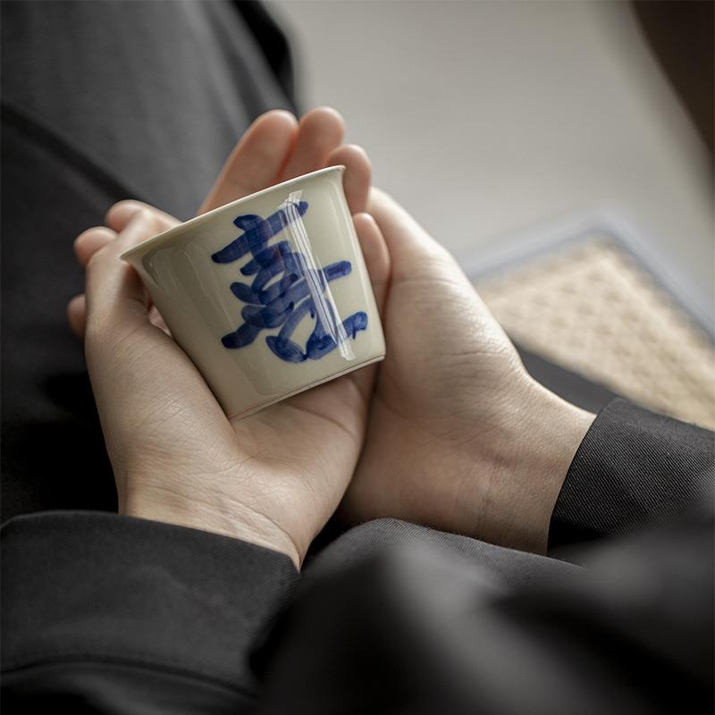 青花手写主人杯功夫茶具陶瓷直筒茶杯家用喝茶单杯大号