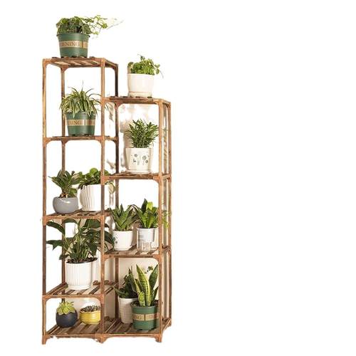 现货实木多层家居花架装饰落地式转角桉木六边形花架阳台置物架