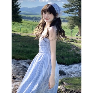 外贸清仓 做法 原版 感收 蓝色格纹抹胸吊带连衣裙女夏季 法式
