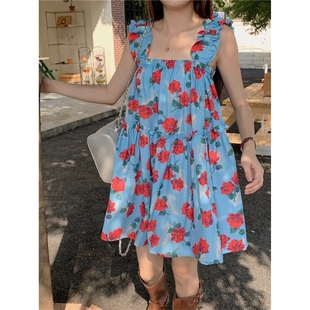 宽松显瘦海边度假 外贸清仓 复古木耳边碎花裙吊带连衣裙女夏季