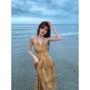 收腰显瘦露背茶 外贸清仓 小众复古ins挂脖系带吊带裙女夏新款