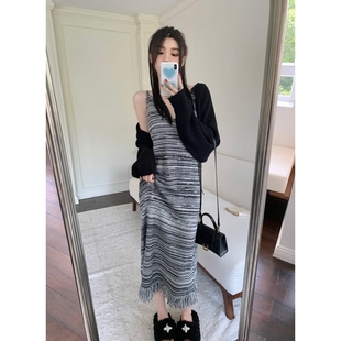 新款 条纹流苏针织吊带连衣裙女秋季 商场同款 高级感直筒 2659