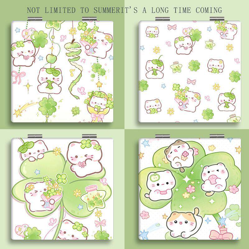 小猫可爱卡通四叶草手持翻盖式化妆镜随身便携折叠双面补妆小定制