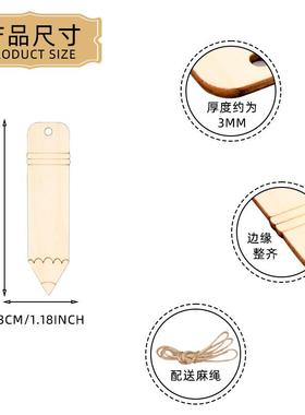 跨境新款木质空白铅笔形书签未完成镂空麻绳标签挂牌书签