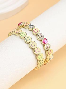 时尚新品欧美轻奢粉色少女镶钻笑脸爱心手链金属太阳花弹力手链