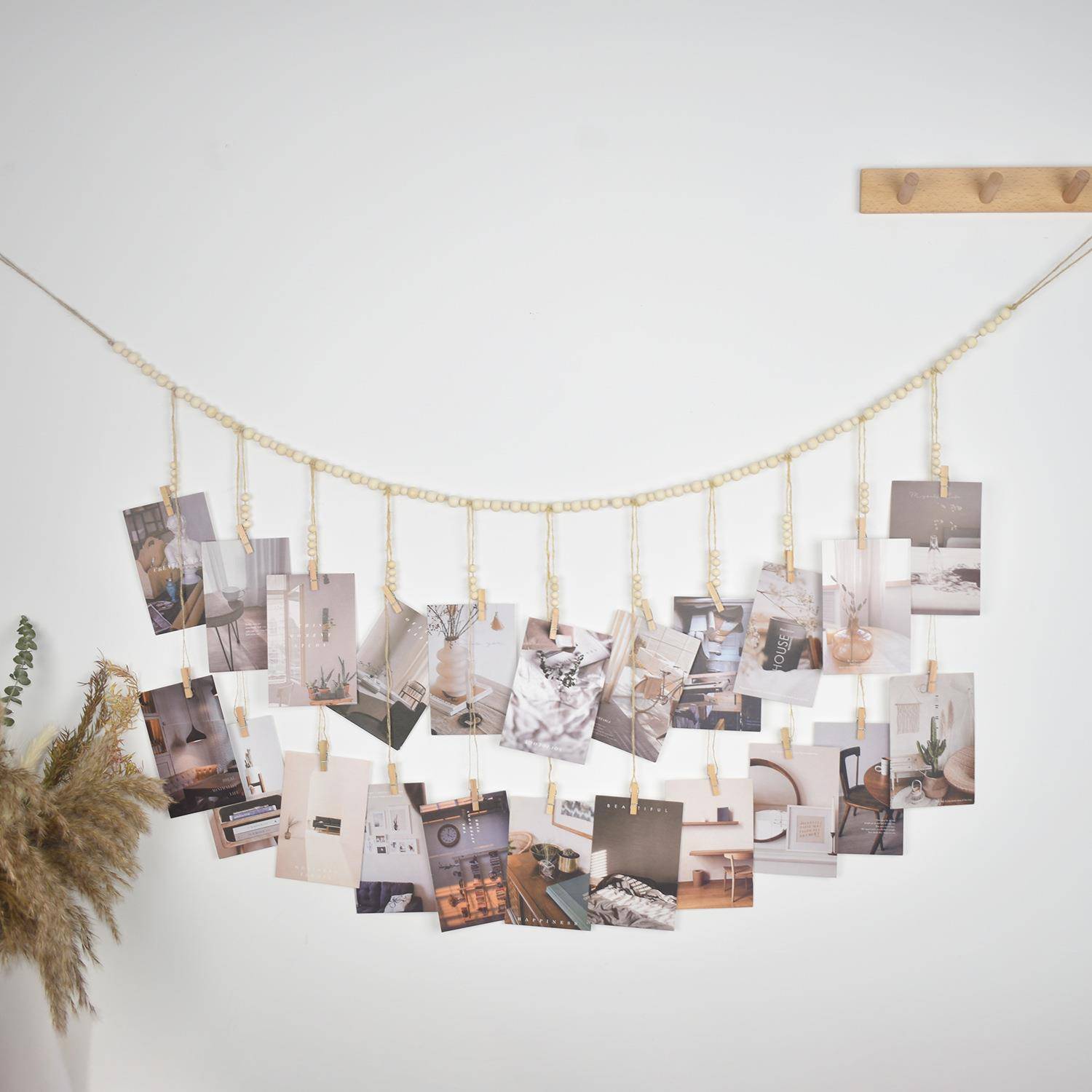 ins北欧风家居装饰木珠照片夹含22个夹子 悬挂照片展示架跨境热卖