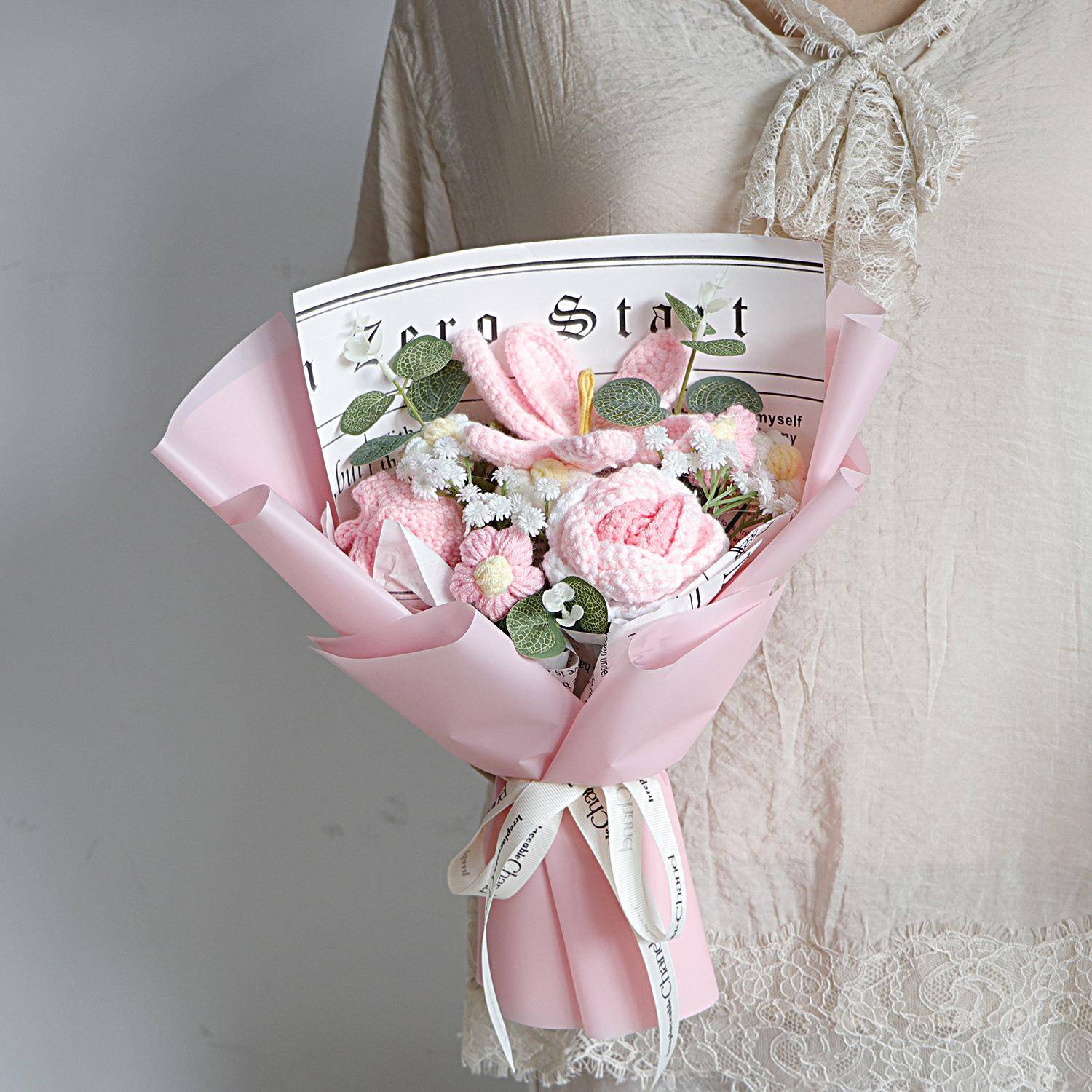 创意编制手工针织向日葵玫瑰毛线花束仿真花成品送女友母亲节毕业