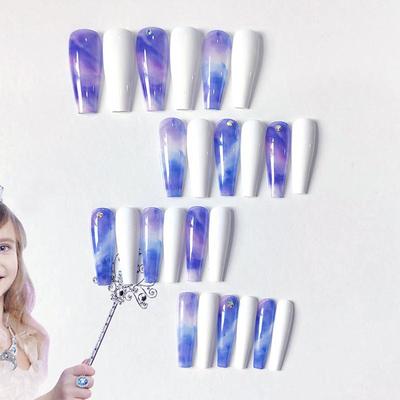 欧美热销时尚女神 ins美甲假指甲 超薄蓝色渐变点钻可拆卸芭蕾甲