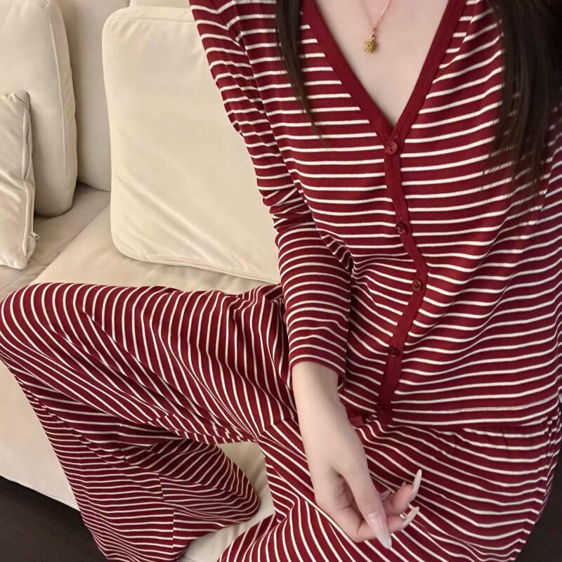 新款红色条纹V领显瘦睡衣套装女