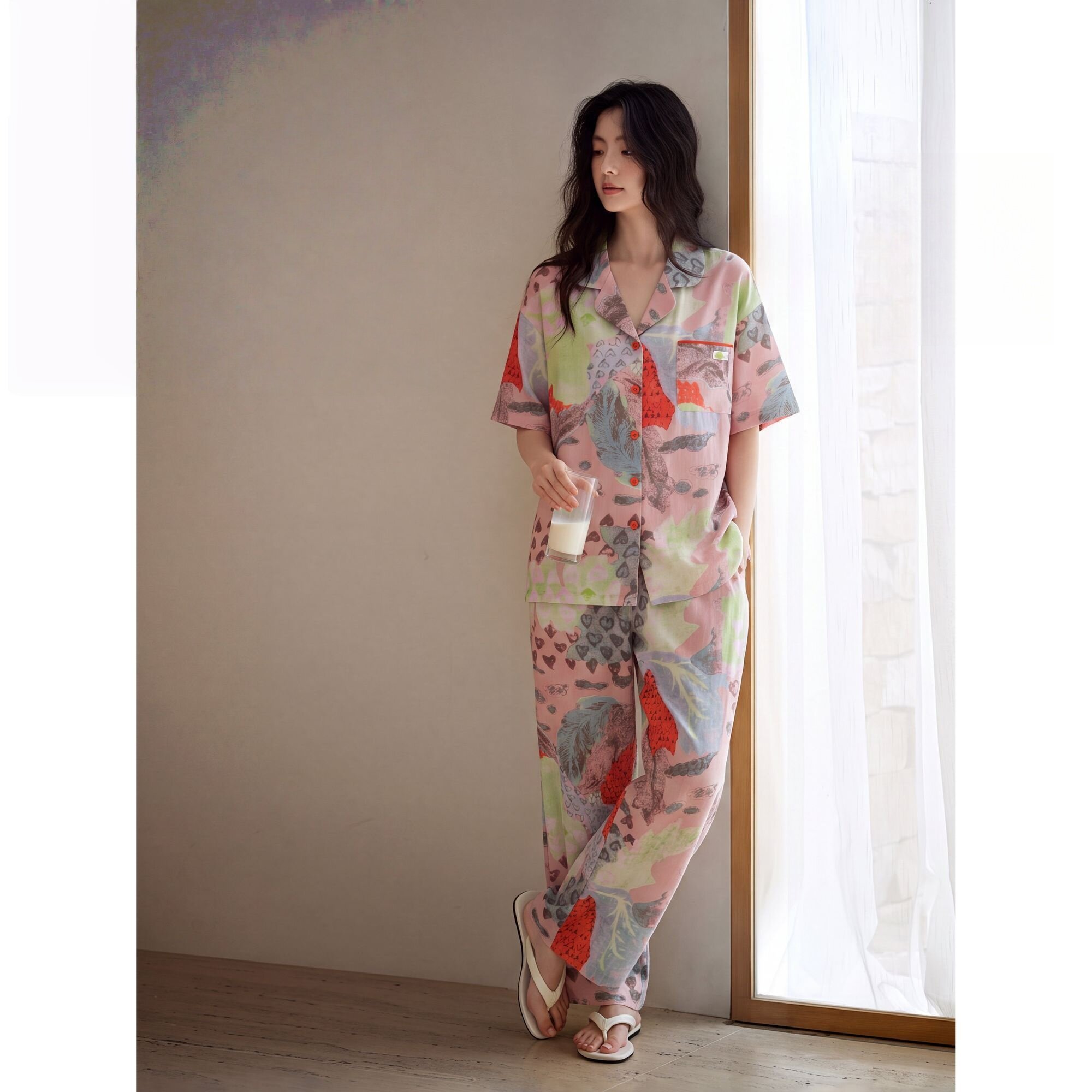 夏季薄款印花女士睡衣套装可外穿