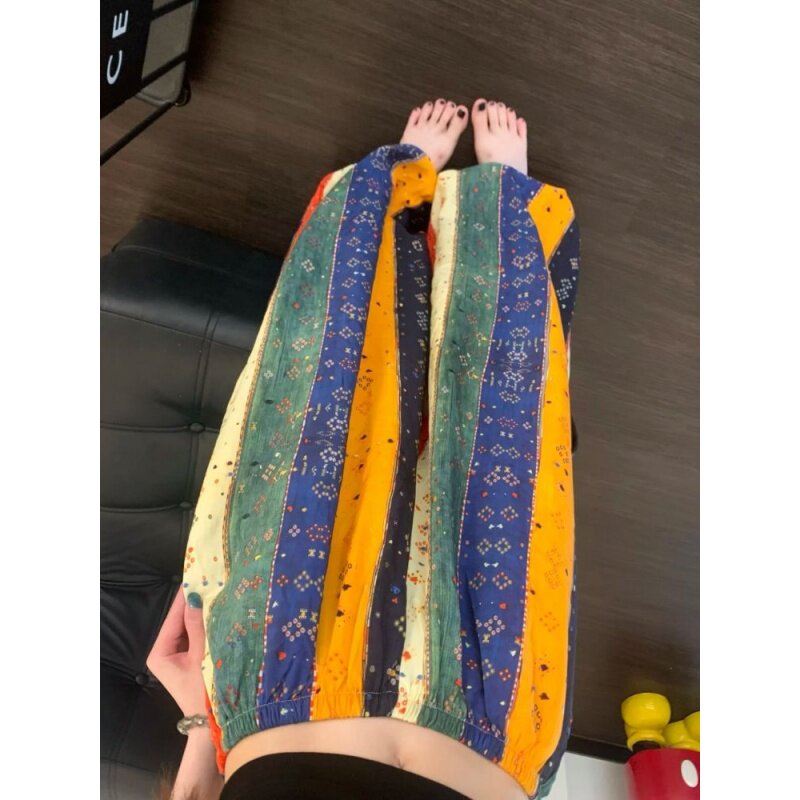 夏季条纹高腰显瘦外穿家居长裤女