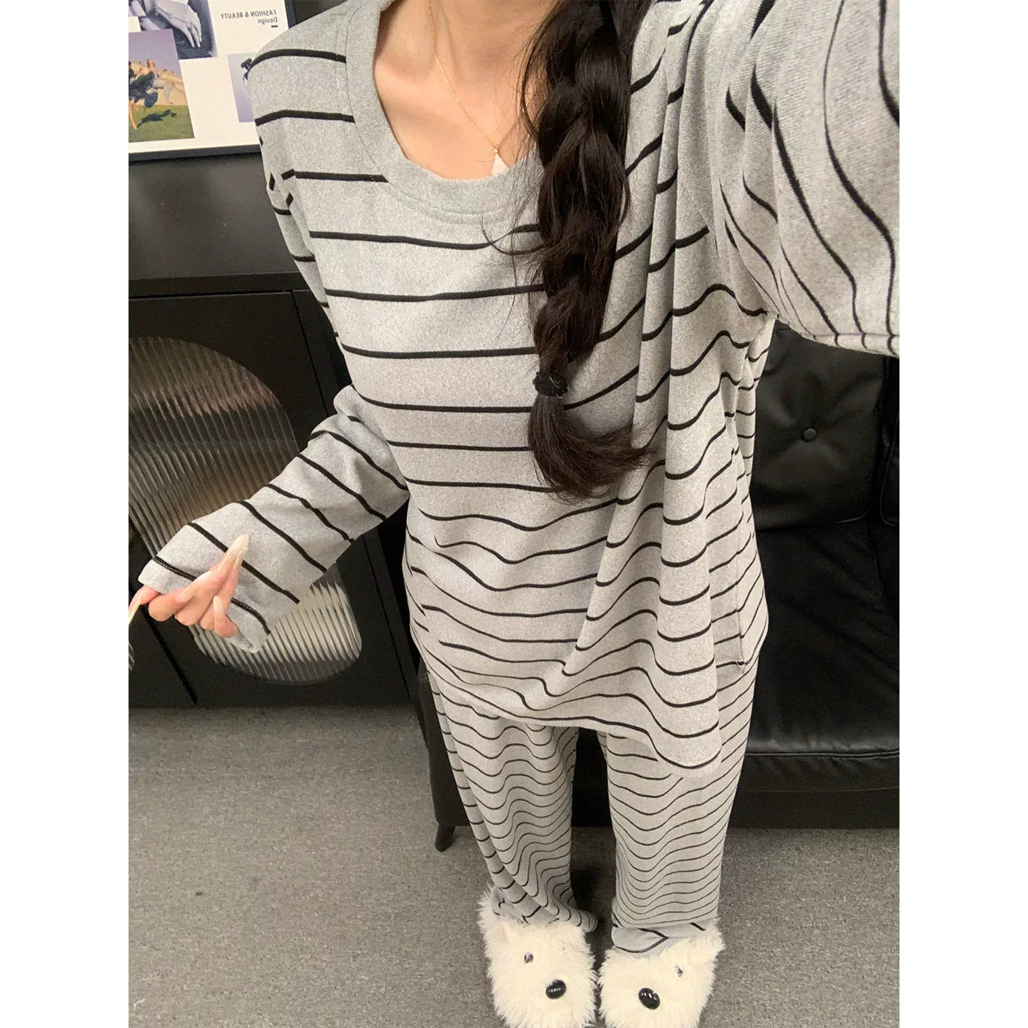 德绒长袖女睡衣套装可外穿秋冬季