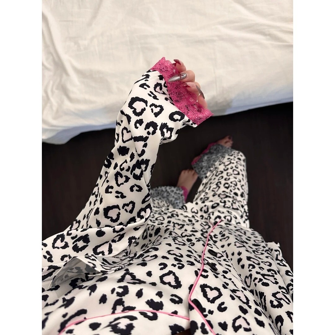 翻领豹纹蕾丝女家居服套装可外穿