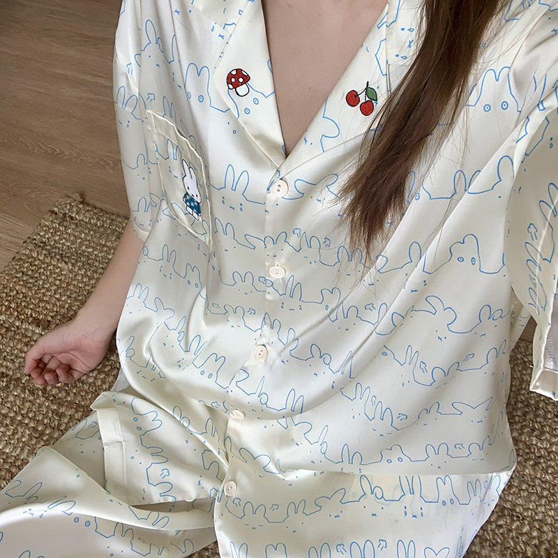 甜美米菲夏季女开衫短袖睡衣套装