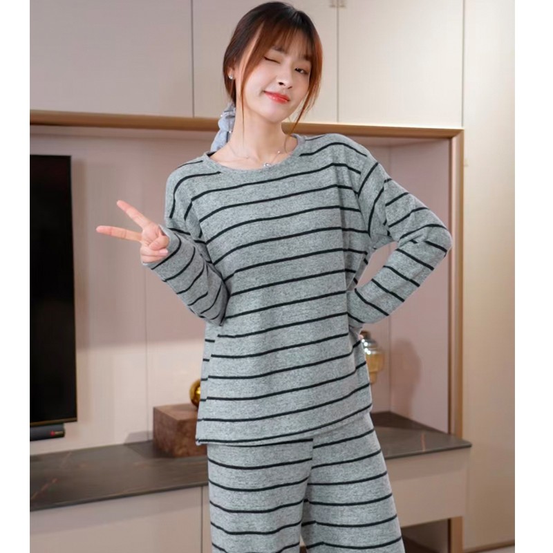 秋冬德绒韩版慵懒条纹睡衣套装女