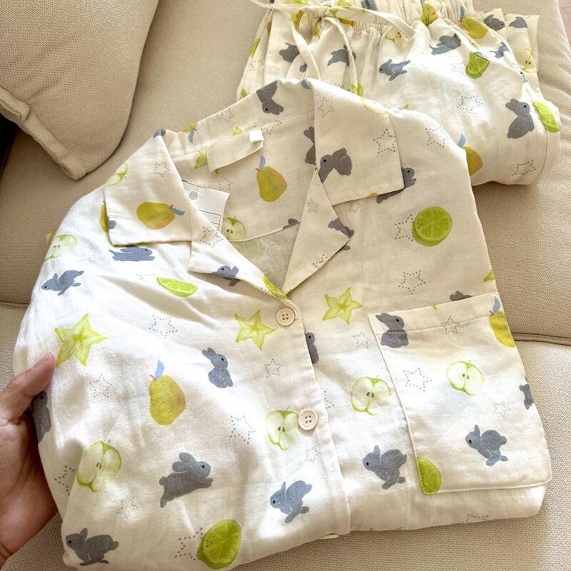 小清新趣味可爱杨桃雪梨睡衣女款宽松舒适卡通家居服短袖短裤套装
