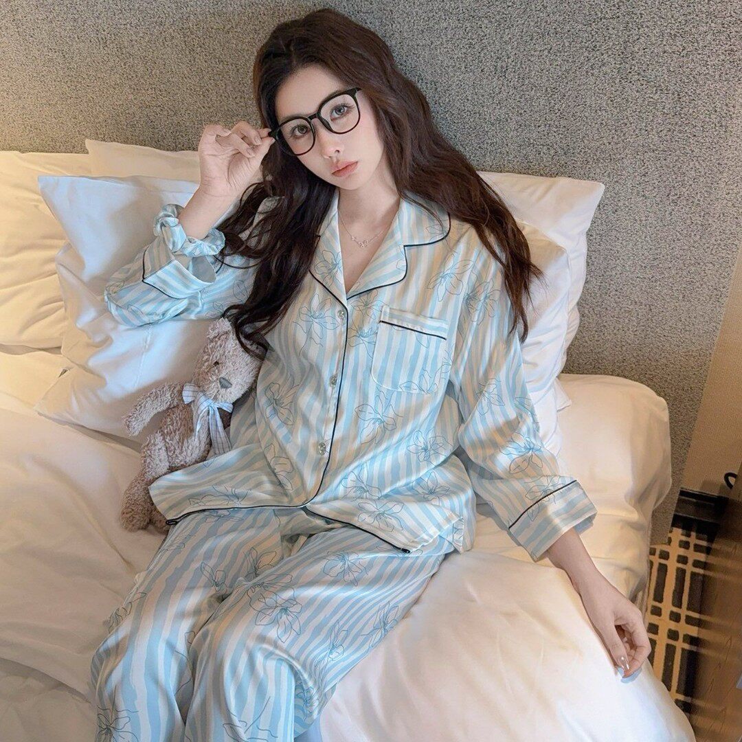 春夏甜美清新条纹花朵女睡衣套装